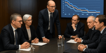 Banqueros centrales europeos reunidos en una sala de conferencias moderna tras anunciar recortes de tasas de interés en sus respectivos países.