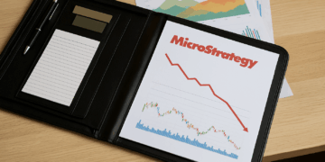 Portafolio negro con hoja de MicroStrategy y gráfico de caída bursátil.