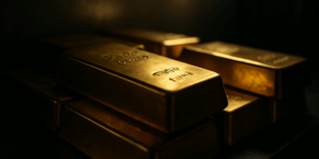 Lingotes de oro apilados en una cámara acorazada iluminados por luz cálida.