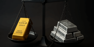 Balanza con lingotes de oro y plata ilustra el desequilibrio actual entre ambos metales preciosos.