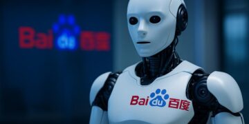 Robot conceptual con logo de Baidu en pecho refleja apertura de Ernie como IA open source innovadora.