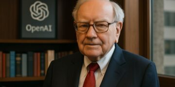 Warren Buffett junto a símbolo de IA refleja selección de acciones recomendadas por ChatGPT para invertir.