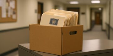 Caja archivadora con formularios laborales, representa la baja en solicitudes de desempleo en EE. UU.