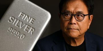 Robert Kiyosaki con monedas de plata sobre mesa de madera, refleja su predicción de alza en julio 2025.