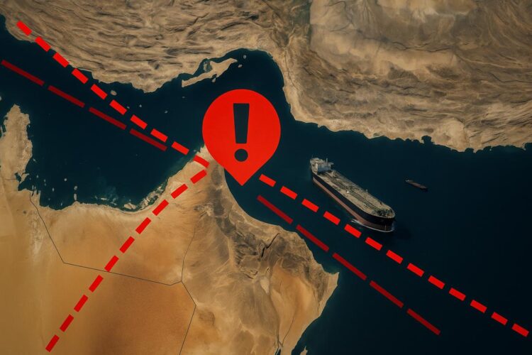 Mapa satelital del Estrecho de Ormuz con rutas clave de petróleo