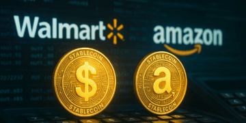 Dos stablecoins doradas frente a logos de Walmart y Amazon con código y terminal bancaria