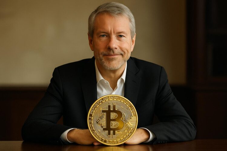 Michael Saylor sentado frente a una gran moneda de Bitcoin con expresión serena.