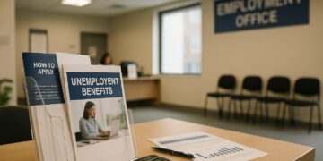 Oficina de empleo con folletos sobre beneficios por desempleo en EE. UU.