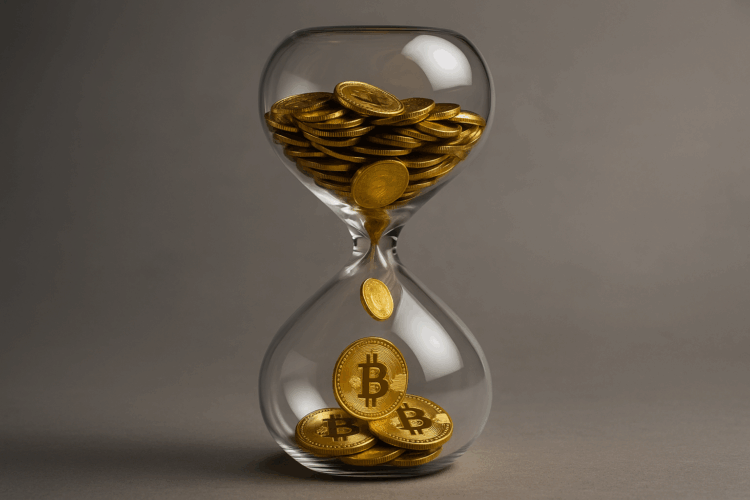 Reloj de arena con monedas cayendo y bitcoins acumulados sobre fondo gris horizontal