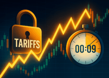 Ilustración de un candado con la palabra “TARIFFS” y cronómetro sobre un gráfico bursátil ascendente