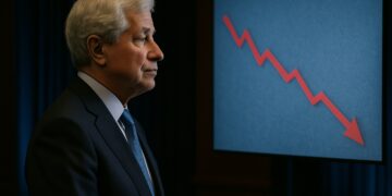 Jamie Dimon observa una pantalla con gráfica descendente en un evento sobre la economía de EE. UU.