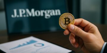 Mano sostiene un Bitcoin frente a oficina de JPMorgan como símbolo de colateral financiero cripto.