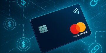 Ilustración digital de una tarjeta Mastercard rodeada de íconos de stablecoins y red blockchain