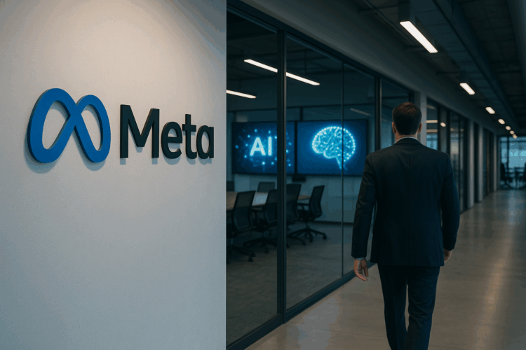 Oficina de Meta con ejecutivo y pantallas de inteligencia artificial.