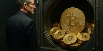 Michael Saylor frente a una bóveda llena de Bitcoin dorados.