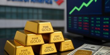 Lingotes de oro frente al edificio de Bank of America y una pantalla bursátil, simbolizando la proyección del oro a 4.000 dólares.