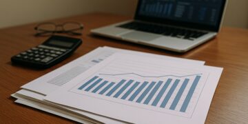 Escritorio profesional con gráficos impresos y laptop abierto durante análisis de empleos en EE. UU.