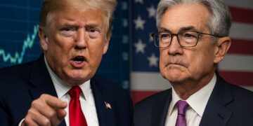 Trump y Powell enfrentados frente a gráficos de tasas y bandera de EE. UU.