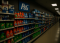Productos de Procter & Gamble en góndolas de supermercado con poca luz y escasos clientes.