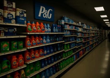 Productos de Procter & Gamble en góndolas de supermercado con poca luz y escasos clientes.
