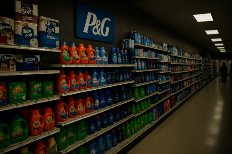 Productos de Procter & Gamble en góndolas de supermercado con poca luz y escasos clientes.