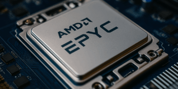  Chip Epyc de AMD montado sobre una placa base con enfoque técnico y visual nítido