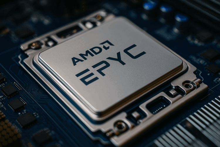  Chip Epyc de AMD montado sobre una placa base con enfoque técnico y visual nítido
