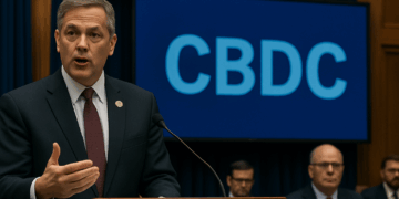 Político hablando en el Congreso de EE.UU. con pantalla al fondo que muestra “CBDC” en letras grandes
