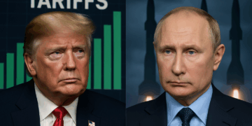 Retratos divididos de Trump y Putin con gráficos de tarifas y misiles de fondo