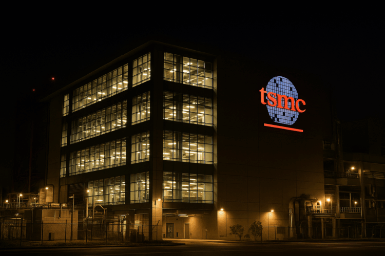 Fachada iluminada de la planta TSMC en Taiwán por la noche, reflejando actividad operativa intensa