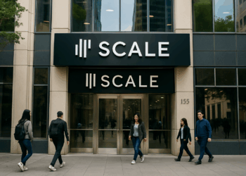 achada de Scale AI en San Francisco con trabajadores saliendo del edificio al final del día