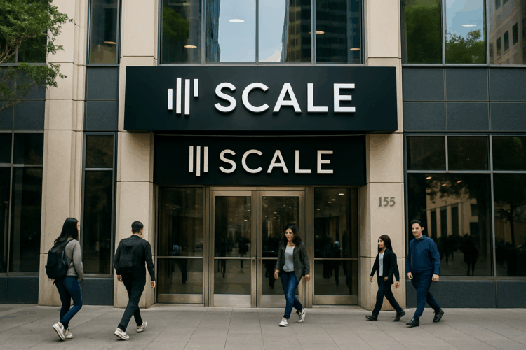 achada de Scale AI en San Francisco con trabajadores saliendo del edificio al final del día