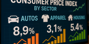 Datos del IPC en pantalla con gráficos de aranceles en precios en autos, vestimenta y vivienda