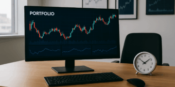 portafolio escritorio con computadora mostrando gráficos bursátiles reloj y gráficos pared