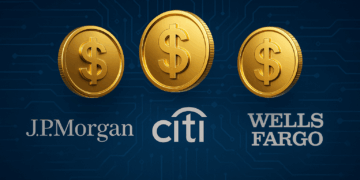 stablecoins monedas digitales doradas flotando sobre logos de bancos en fondo azul horizontal