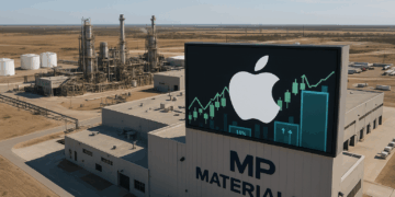 Vista aérea de la planta de MP Materials con logo de Apple y entorno industrial