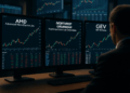 Pantallas de trading muestran gráficos bursátiles de AMD, Northrop Grumman y GE Vernova con velas verdes.