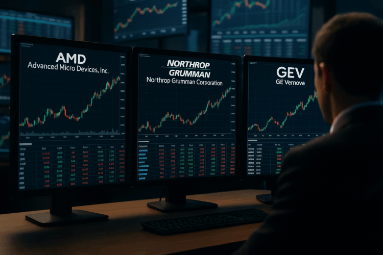Pantallas de trading muestran gráficos bursátiles de AMD, Northrop Grumman y GE Vernova con velas verdes.