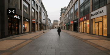 Zona comercial en Beijing china con tiendas vacías y baja afluencia peatonal