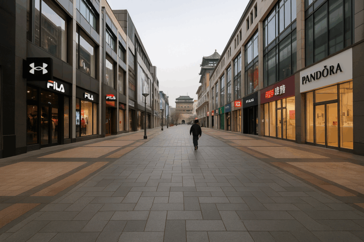 Zona comercial en Beijing china con tiendas vacías y baja afluencia peatonal
