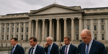 Fachada del Departamento del Tesoro con traders caminando en contraste con la volatilidad del mercado