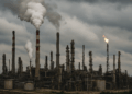 Refinería industrial con chimeneas activas bajo cielo nublado representando el peso del petróleo