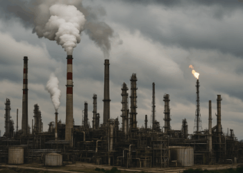 Refinería industrial con chimeneas activas bajo cielo nublado representando el peso del petróleo