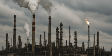 Refinería industrial con chimeneas activas bajo cielo nublado representando el peso del petróleo