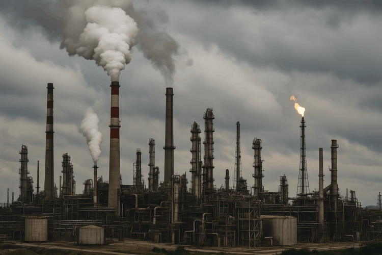 Refinería industrial con chimeneas activas bajo cielo nublado representando el peso del petróleo