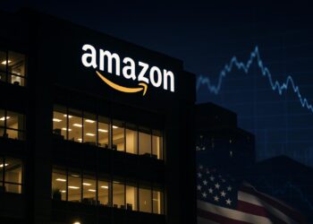 Edificio de Amazon por la noche con luces encendidas y gráfico financiero descendente de fondo.