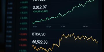 Pantalla institucional muestra gráficos comparativos de Ethereum y Bitcoin con ETH al alza.