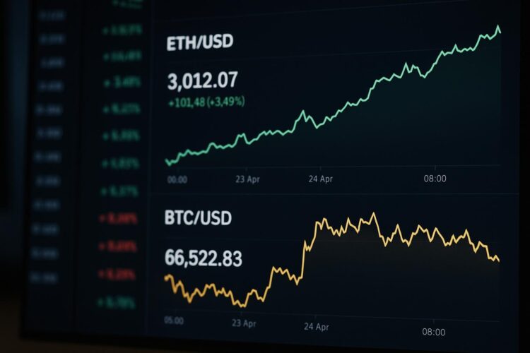 Pantalla institucional muestra gráficos comparativos de Ethereum y Bitcoin con ETH al alza.