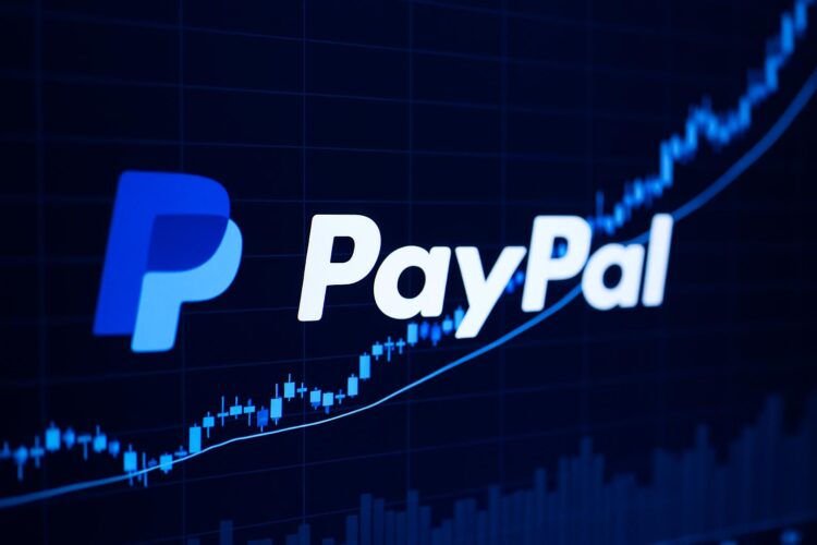 Pantalla digital con logo de PayPal y gráfico financiero ascendente de fondo.