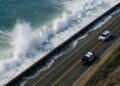 Vista aérea de Tsunami impactando un malecón en California junto a patrullas costeras en carretera.